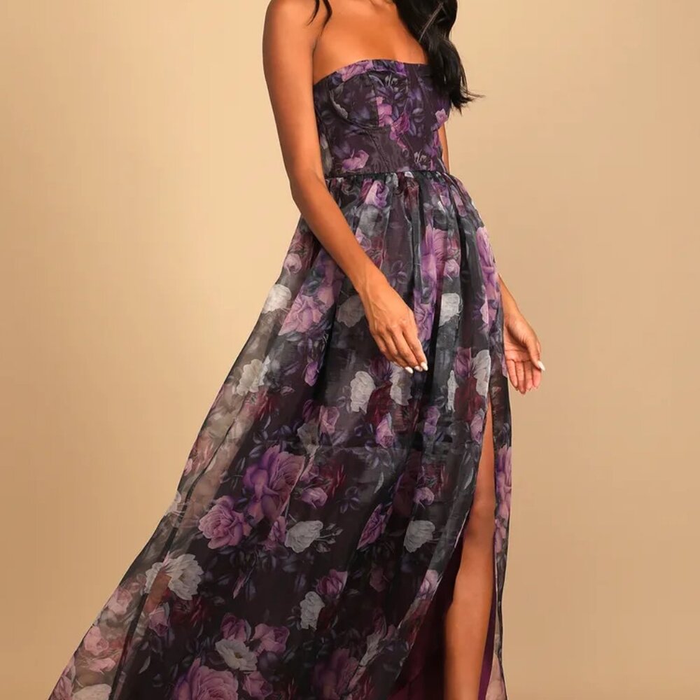 Wonderful Waltz Purple Floral Print Strapless Bustier Maxi Dress NWT